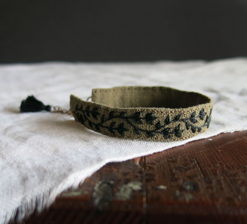 Olive Green Fabric Cuff Bracelet with Black Hand Embroidered Vine, Adjustable, Ready to Ship, Textile Art Jewelry, Unique Handmade Gift image 4