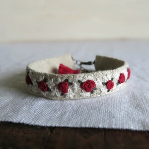 Red Rose Embroidered Bracelet Red and White Flowers on Natural Linen Embroidered Cuff Bracelet image 2
