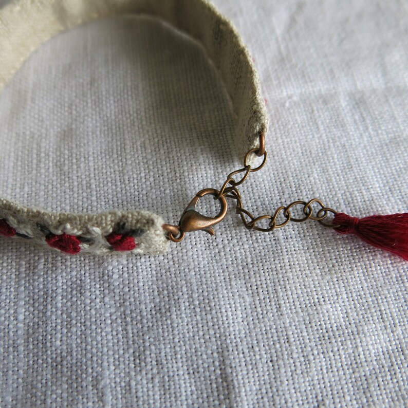 Red Rose Embroidered Bracelet Red and White Flowers on Natural Linen Embroidered Cuff Bracelet image 5