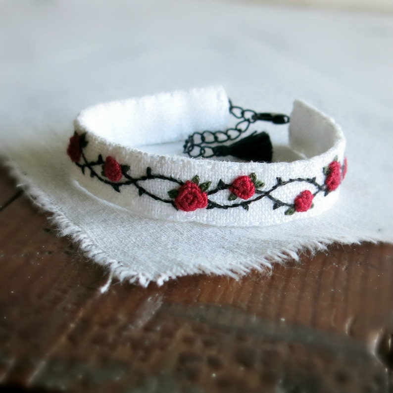 Rose Vine Bracelet Hand Embroidered Bracelet Linen - Etsy