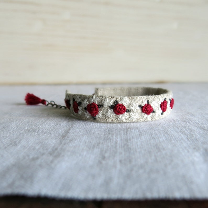 Red Rose Embroidered Bracelet Red and White Flowers on Natural Linen Embroidered Cuff Bracelet image 4