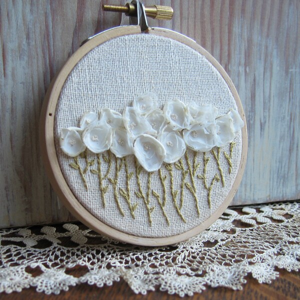 Pretty White Peonies Embroidered Wall Hanging Home Decor