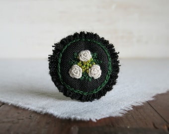Winter Rose Brooch, Hand Embroidered Brooch, White Rose Brooch, Gift Under 40, Ooak Jewelry, Floral Coat Pin, White Black Brooch