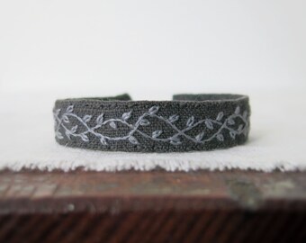Gray Vine Bracelet, Gray Embroidered Cuff, Linen Cuff Bracelet, Gray Linen Cuff, Textile Art Bracelet