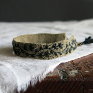 Olive Green Fabric Cuff Bracelet with Black Hand Embroidered Vine, Adjustable, Ready to Ship, Textile Art Jewelry, Unique Handmade Gift image 3