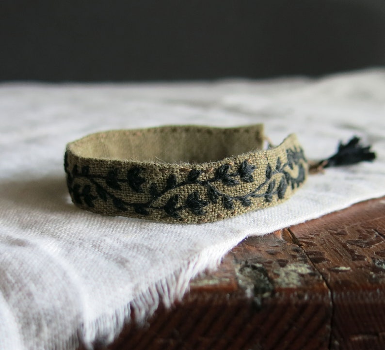 Olive Green Fabric Cuff Bracelet with Black Hand Embroidered Vine, Adjustable, Ready to Ship, Textile Art Jewelry, Unique Handmade Gift image 3