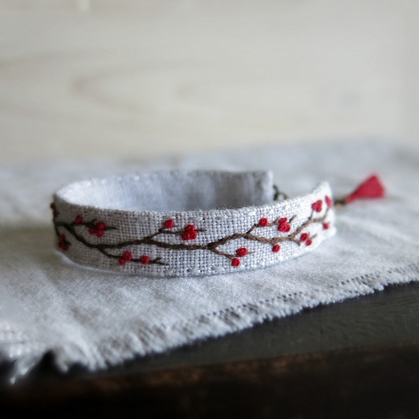 Winter Berries Bracelet - Rustic Tree Branch with Red Berries - Hand Embroidered Cuff Bracelet