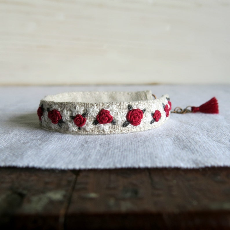 Red Rose Embroidered Bracelet Red and White Flowers on Natural Linen Embroidered Cuff Bracelet image 3