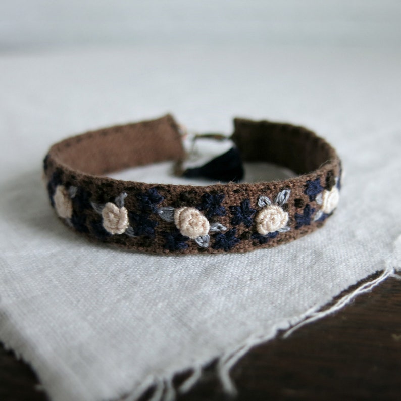 Floral Embroidered Bracelet, Textile Art Cuff, Fabric Cuff Bracelet