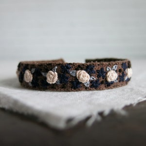 Floral Embroidered Bracelet, Textile Art Cuff, Fabric Cuff Bracelet, Brown Linen Bracelet, Boho Cuff Bracelet