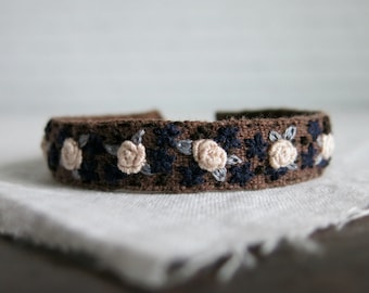 Floral Embroidered Bracelet, Textile Art Cuff, Fabric Cuff Bracelet, Brown Linen Bracelet, Boho Cuff Bracelet