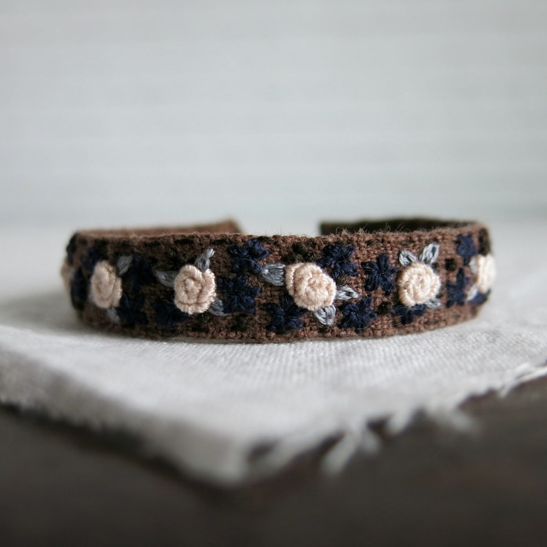 Floral Embroidered Bracelet, Textile Art Cuff, Fabric Cuff Bracelet