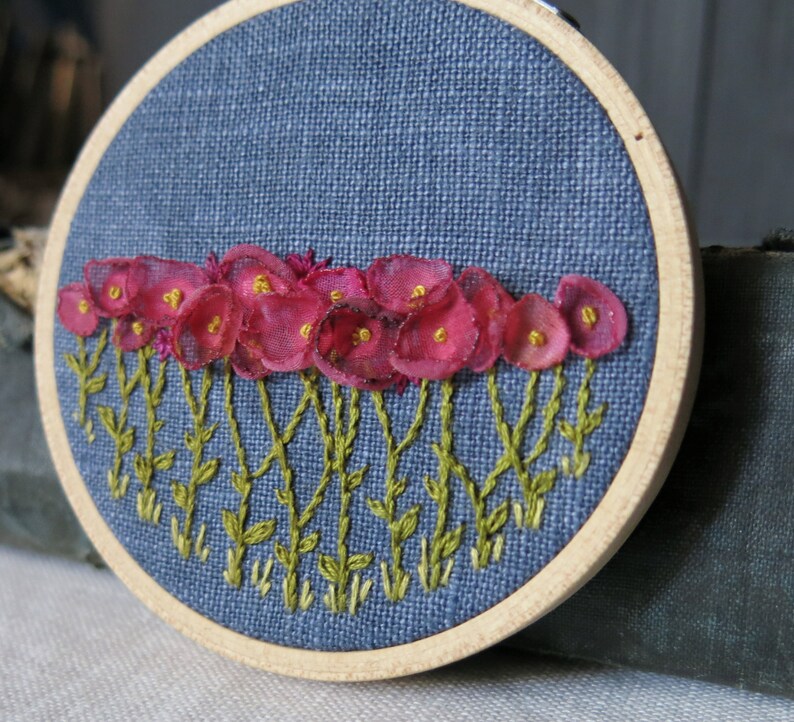 Hand Embroidered Floral Hoop Art, Pink Flower Ribbon Embroidery, Small Art, Housewarming Gift, Nursery Decor, Gift For Mom image 3