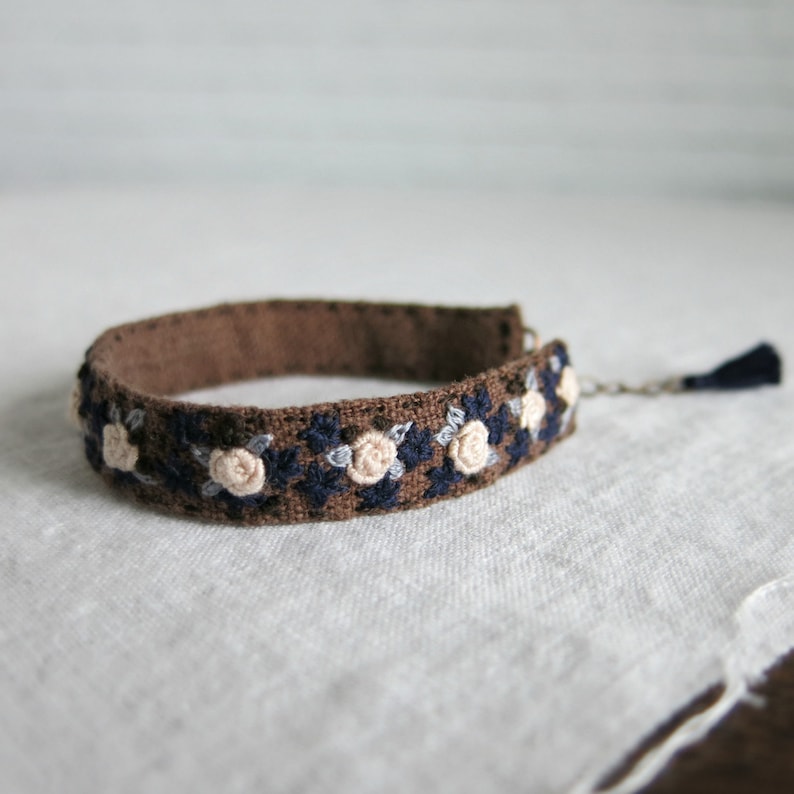 Floral Embroidered Bracelet, Textile Art Cuff, Fabric Cuff Bracelet