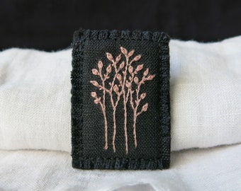 Pink Trees Hand Embroidered Textile Art Brooch Pin, Black Fabric Scarf or Coat Pin, Cottagecore Jewelry, Nature Lover Gift, Handmade Brooch