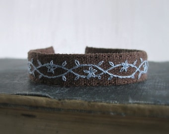 Brown Floral Vine Hand Embroidered Cloth Cuff Bracelet, Stackable Bracelet, Boho Style Cuff Bracelet, Rustic Handmade Jewelry, Gift For Her