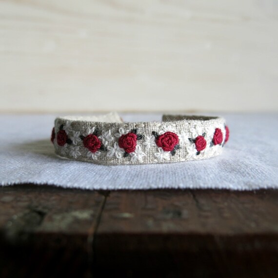 Red Rose Embroidered Bracelet Red and White Flowers on Etsy