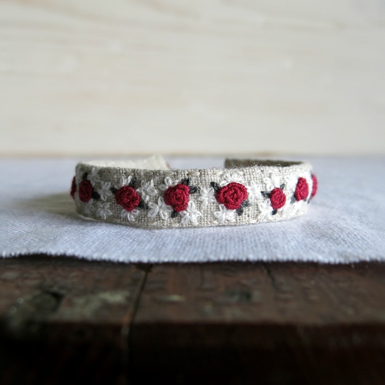 Red Rose Embroidered Bracelet Red and White Flowers on Natural Linen Embroidered Cuff Bracelet image 1
