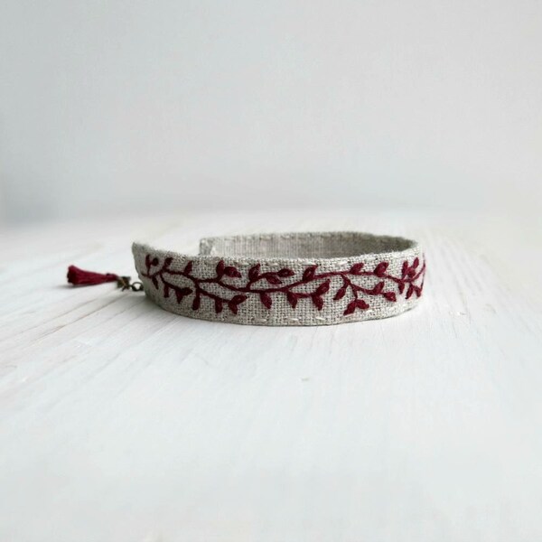 Fabric Cuff Bracelet -  Burgundy Floral Design Hand Embroidered on Natural Linen