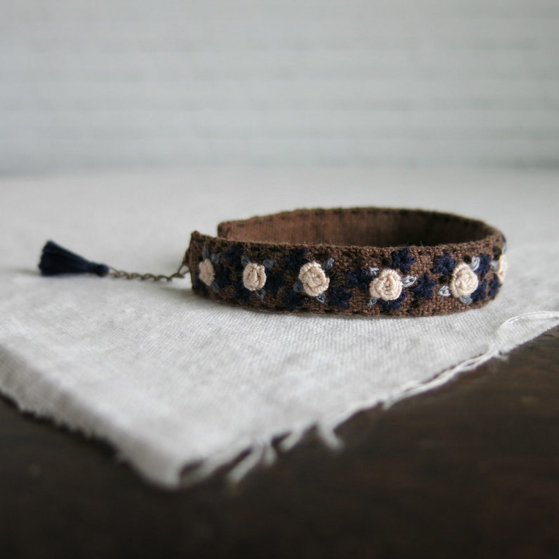 Floral Embroidered Bracelet, Textile Art Cuff, Fabric Cuff Bracelet