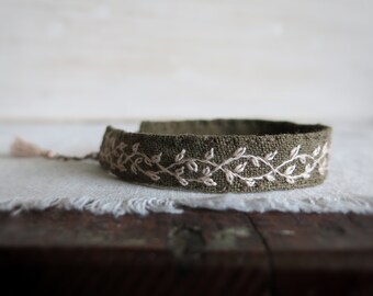 Cream and Olive Green Embroidered Cuff Bracelet, Floral Embroidered Cuff, Fabric Cuff Bracelet, Olive Linen Cuff
