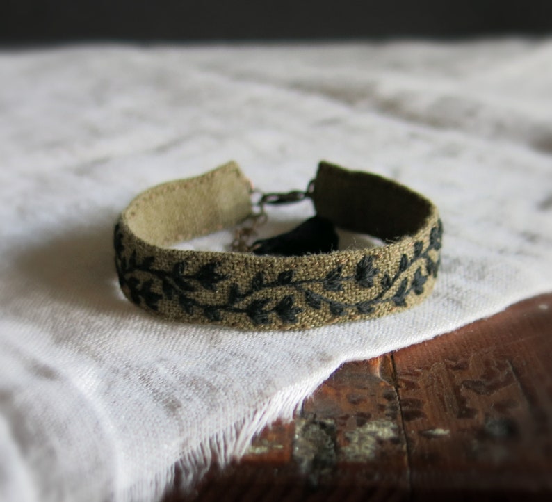 Olive Green Fabric Cuff Bracelet with Black Hand Embroidered Vine, Adjustable, Ready to Ship, Textile Art Jewelry, Unique Handmade Gift image 1