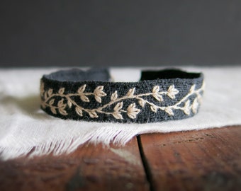 Cream Floral Vine on Black Linen Embroidered Cuff Bracelet, Adjustable, Textile Art Jewelry, Handmade Bracelet Gift, Ready to Ship