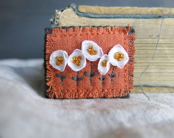 White Ribbon Embroidery Hand Embroidered Brooch, Textile Art Jewlery, Gift For Mom