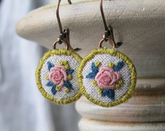 Pink Rose Boho Earrings, Hand Embroidered Floral Earrings, Dangle Earrings, Boho Jewelry, Gift For Mom, Lead & Nickel Safe, GF Gift