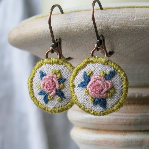 Pink Rose Boho Earrings, Hand Embroidered Floral Earrings, Dangle Earrings, Boho Jewelry, Gift For Mom, Lead & Nickel Safe, GF Gift