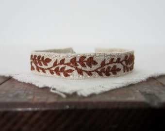 rust branch bracelet, embroidered cuff bracelet, floral embroidery cuff, linen cuff bracelet