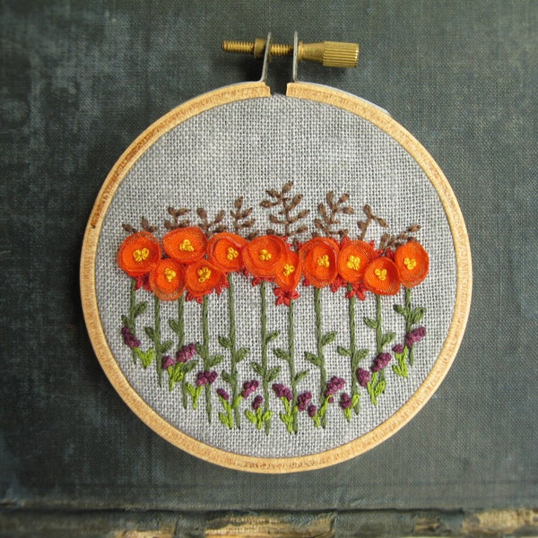 Orange Poppy Garden Embroidery Hoop Wall Art