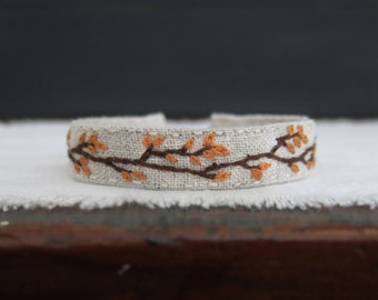 Fall Foliage Bracelet, Hand Embroidered Cuff Bracelet
