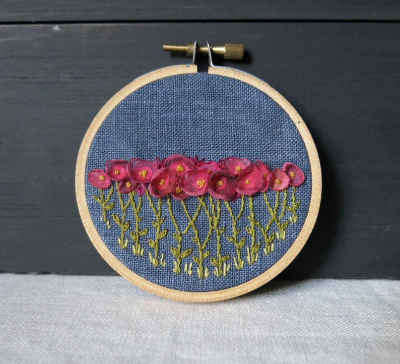 Hand Embroidered Floral Hoop Art, Pink Flower Ribbon Embroidery, Small Art, Housewarming Gift, Nursery Decor, Gift For Mom image 4