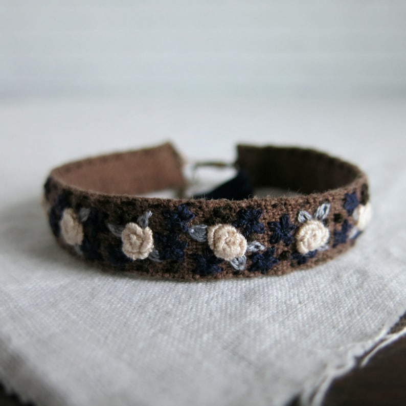 Floral Embroidered Bracelet, Textile Art Cuff, Fabric Cuff Bracelet