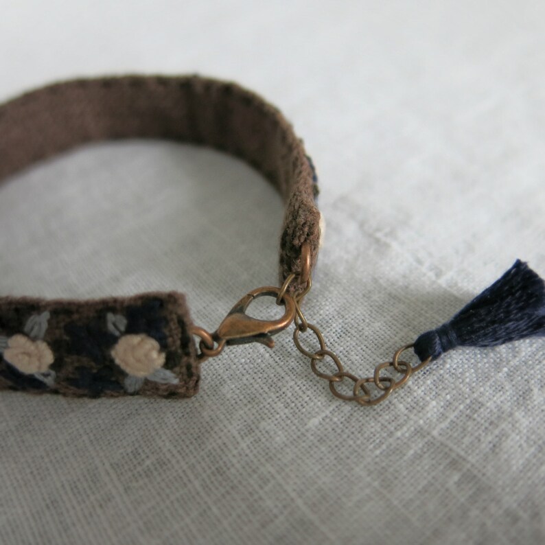 Floral Embroidered Bracelet, Textile Art Cuff, Fabric Cuff Bracelet