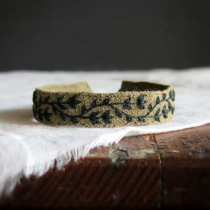 Olive Green Fabric Cuff Bracelet with Black Hand Embroidered Vine, Adjustable, Ready to Ship, Textile Art Jewelry, Unique Handmade Gift image 2