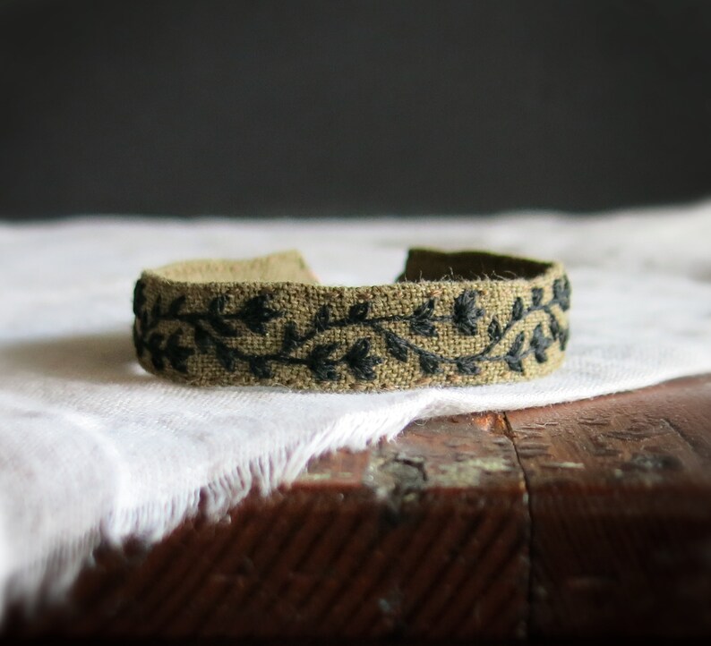 Olive Green Fabric Cuff Bracelet with Black Hand Embroidered Vine, Adjustable, Ready to Ship, Textile Art Jewelry, Unique Handmade Gift image 2