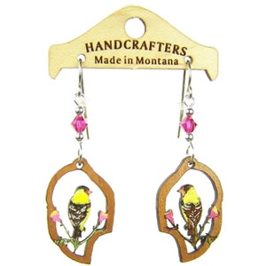 Gold Finch Laser Cut Earrings is a Gift for Her - Laser engraved Wood Earrings and customize your Swarovski Bead Color