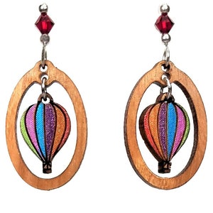 Hot Air BALLOON Earrings are made from Laser Cut cherry Wood . Laser Engraved Cherry Wood Earrings have a unique swinging Balloon design.