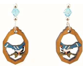 Laser Cut Blue Jay Wood Earrings – Hand Painted Bird Jewelry