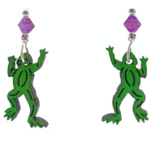 LASER CUT FROG Earrings - This Wooden Jewelry is Laser Engraved  & hand painted on Cherry Wood. Choose your earring or Necklace bead Color.