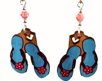 Hand-Painted Cherry Wood Flip Flop Earrings with Crystal Bead