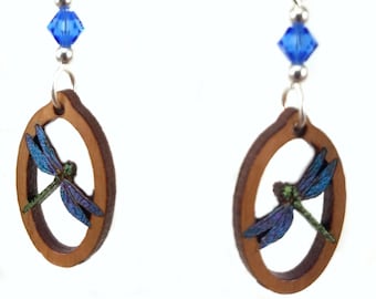 DRAGONFLY OVAL Laser Cut  EARRINGS - Dragonfly Laser Engraved Wood Oval Earrings has  Iridescent Swarovski Beads & Hypoallergenic hooks