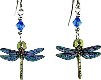 DRAGONFLY EARRINGS - Laser Cut Earrings are Hand Painted Dragonfly Jewelry with Blue Swarovski Crystal Beads & Natural Cherry Wood