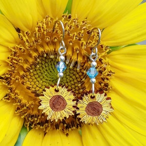 Sunflower Earrings - Laser Cut Hand Painted Wood Jewelry - With Hypoallergenic Surgical Steel Ear wires