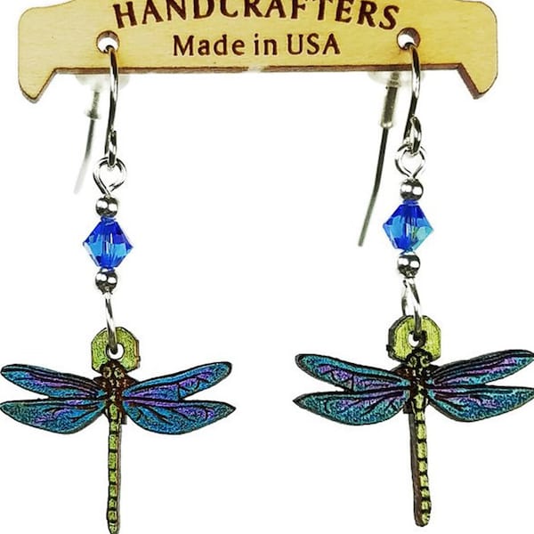 DRAGONFLY EARRINGS - Laser Cut Earrings are Hand Painted Dragonfly Jewelry with Blue Swarovski Crystal Beads & Natural Cherry Wood