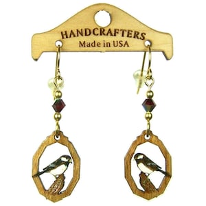 CHICKADEE EARRINGS - Laser Engraved hand painted Wood Earrings - Nature bird jewelry available as a Necklace or Earring.