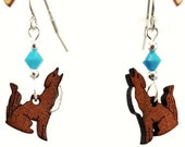 Coyote EARRINGS are Laser Cut Cherry Wood Earrings on Laser Engraved Wood with Turquoise Swarovski Beads -Gift for her
