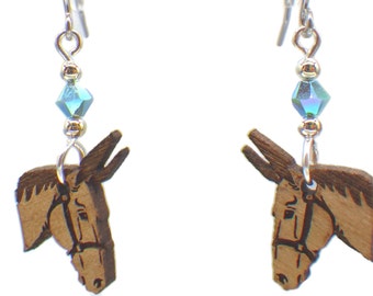 Mule Head Earrings - Laser Cut Wood Dangle Earrings  with your choice of Swarovski Beads -  Laser engraved Earrings